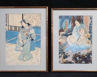 108	2 Japanese Woodblocks Kunisada & Kunisada II	"Utagawa Kunisada II (Japan, 1823-1880), woodblock print, feudal lord, signed with seals and inscription, 12 1/2"" x 8 5/8"" (with frame 16 7/8"" x 12 5/8""); Attributed to Utagawa Kunisada (Toyokuni III) (Japan, 1786-1864), woodblock print, kabuki actor, singed with seals and inscription, 13 3/8"" x 9 1/8"" (with frame 17 3/8"" x 13 1/8""). Kunisada II staining and discoloration to figure along right side and throughout image, Kunisada some staining and foxing.
"
