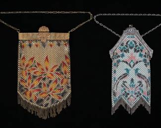 235	2 Mandalian Mesh Bags Including Gloria	2 Mandalian mesh purses. 1 Mandalian Gloria bag with gold tone "bracelet" frame and flower motif in reds, orange and yellow, unmarked, 4 1/4"W x 7 1/4"L including clasp and fringe; Mandalian bag with silver frame and birds of paradise motif in green, black and pink, marked Mandalian Mfg. Co. on the frame, 3 5/8"W x 7 1/4"H including clasp and fringe. Bracelet frame slightly bent, some loss to color on bottom of birds of paradise bag.
