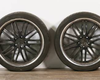 393	Set of Toyo Proxes ST III Tires with Victor Rims	"Set of four Toyo Proxes ST III tires with Victor Equipment rims. Tire size is 285/35R22 106 W. Previous owner states these wheels are from a 2009 Porsche Cayenne. All as is, with heavy wear to tread and rubber of tires. Scuffs, wear and tarnishing to metal of rims. 

Overall dimensions: 29 3/8"" diameter x 11 1/4"" W. Each tire weighs about 75 lbs."
