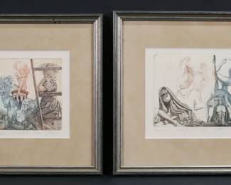 202	2 Sandor Hartung Surrealist Etchings	Sandor Hartung (Hungary, 20th century-). 2 etchings, surrealist scenes. Each signed, numbered 36/50 and titled illegibly in pencil in the lower margin. One with artist's card on verso. 6 1/2" x 7 1/2" (with frame 11 3/4" x 12 3/8") and 6 1/4" x 6" (with frame 11 5/8" x 10 3/4"). Foxing to both, some discoloration to mats on both, minor losses to frames on both.
