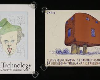 262	2 Claes Oldenburg Exhibition Posters	"Claes Oldenburg (Sweden / American, 1929-2002). 2 exhibition posters. Sidney Janis, New York, 1967, lithograph 29"" x 23""; Los Angeles County Museum of Art, 1971, offset lithograph after Oldenburg, 28 1/4"" x 21"". Both unframed and stored rolled. Sidney Janis creases to edges and corners, small tear to top edge, discoloration along left side; LACMA creases and losses to corners and edges, creases in margins and into image, scuff marks through text.

From the estate of Maurice Binder. Born in 1918, Maurice Binder was an American film title designer, best known for his work on 14 James Bond films, including Dr. No. He died in 1991 at the age of 72."
