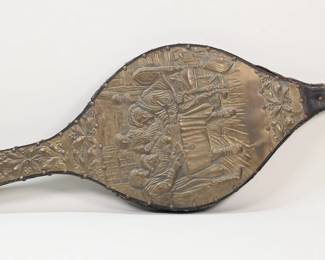 89	Continental Style Figural Brass Fire Bellows	"Continental style figural brass fire place bellows. Leather and brass with figural tavern scene. Cracking, wear and losses to leather. Dents, wear, pitting and oxidization to brass. Dents to tip of nozzle. 

46"" W. 5 lbs."
