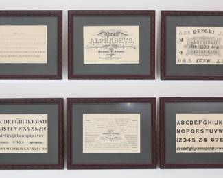 64	Set of 6 Ames Alphabets Typography Lithographs	Set of 6 typography lithographs from Ames Alphabets by Daniel T. Ames. Each 6" x 8 3/4" (with frames 11 1/4" x 14"). Some foxing and discoloration to pages, minor losses to frames.
