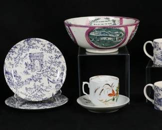 24	11 Piece Porcelain Lot	11 piece porcelain lot. Sailor's Farewell English pink lustre bowl, 4 1/8"H x 10 1/8"-diameter; moustache cup with saucer, cup 3 5/8"H; 8 pieces Tiffany & Co. New York Toile pattern porcelain, 4 cups and 4 plates, plates 8 1/2"-diameter. Scratches to interior of bowl and throughout, line from rim one side, losses to decoration; paint loss to moustache cup and saucer.
