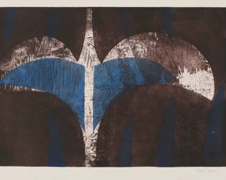 121	Edith Behring Engraving Abstract	Edith Behring (Brazil, 1916-1996). Engraving, abstract. Pencil signed lower right and numbered 19/40 in pencil, lower left. Unframed, sheet 22" x 29 3/4". Stored rolled.
