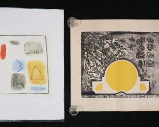 122	2 Modern Lithographs Brodsky, Altay	2 modern prints. Geometric shapes, pencil signed Altay lower right and numbered 4/175 in pencil lower left, unframed, sheet 29 3/4" x 22"; yellow circle, pencil signed Judith K. Brodsky lower right and numbered 9/20 - 2S in pencil lower left, unframed, 24 1/2" x 27 1/4". Brodsky stored rolled, with creases throughout, minor tears along edges and to corners, toning and discoloration to sheet.
