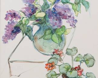 20	Edith Pletzner Mixed Media on Canvas Still Life	Edith Hodge Pletzner (American, New Jersey, 20th century). Mixed media with ink and watercolor on canvas, still life with flowers. Signed center left. 23 1/2" x 17 1/2" (with frame 27 3/8" x 21 1/4"). Chips and losses to frame.
