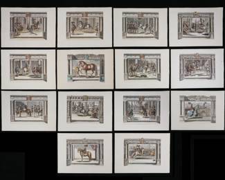 205	After De Passe & Pluvinel 14 Equestrian Engravings	After Crispijn van de Passe II / Crispian de Pas (Dutch, circa 1594-1670) and Antoine de Pluvinel (French, 1552-1620). Set of 14 colored equestrian engravings, after Le Manege Royal, L'Instruction du Roy, en L'Exercice de Monter a Cheval (The Royal Riding School). Each image 11 7/8" x 15 3/8" (sheets each 17" x 23"). All unframed. Some light toning and minor staining in the margins, some with pencil notations in the margins or on verso, crazing to right margin on sheet 6.
