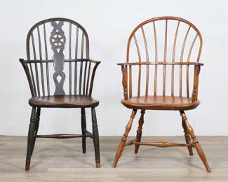 303	Two Windsor Armchairs	"Two Windsor armchairs. 19th century. Spindle-form splats and turned legs and stretchers. One chair with carved wheelback splat. Scratches, scuffs, marks and wear throughout wood of chairs. Crack to wood on seat of wheelback chair. Repairs and glue remnants to wood on right back leg and stretcher of wheelback chair. Chips and loss to wood on right stretcher of second armchair.

Wheelback chair: 21 3/8"" W x 19 3/4"" D x 39 3/8"" H. Seat height 17 1/4"" H, arm height 27 3/4"" H. Second chair. 25 3/4"" W x 22 1/2"" D x 39 3/4"" H. Seat height 17 1/2"" H, arm height  27 1/2"" H. 26 lbs total."
