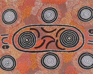 192	Sandra Nampitjinpa Dot Aboriginal Painting	Sandra Nampitjinpa (Australian, 1954-). Aboriginal dot painting, acrylic on panel, Watyrwanu Dreaming. Unsigned, with info on verso. 21 1/2" x 29 3/4" (with frame 23 1/8" x 31 1/8"). Minor scratches and losses to frame.
