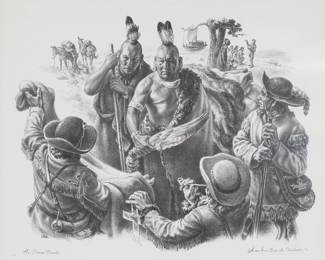68	Charles Banks Wilson Lithograph The Osage Trade	Charles Banks Wilson (American, 1918-2013). Lithograph, The Osage Trade. Pencil signed, dated 77 and titled in the lower margin, signed in the plate lower left. From the edition of 250. 15 3/4" x 18 1/4" (with frame 24 3/4" x 27"). Minor scratches and losses to frame.
