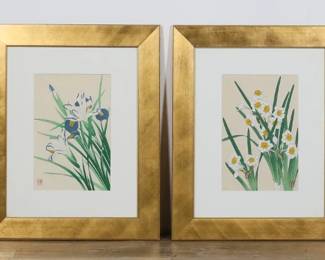 109	4 Shodo Kawarazaki Floral Japanese Woodblocks	Shodo Kawarazaki (Japan, 1899-1973). 4 botanical woodblocks. Each signed with a red seal. Each 13 3/4" x 9 1/8" (with frames 26" x 21 1/8"). Some foxing to print with yellow flowers and print with purple flowers.
