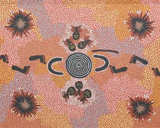 193	Gabriella Possum Nungurrayi Dot Painting Honey Ant	Gabriella Possum Nungurrayi (Australian, 1967-). Aboriginal dot painting, acrylic on canvas, Honey Ant Dreaming. With info on verso. 15 1/2" x 11 1/2" (with frame 17 1/2" x 13 1/2"). Minor losses to frame.
