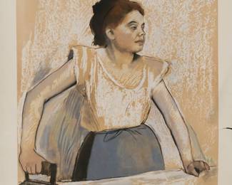 21	After Edgar Degas Jacomet Lithograph La Repasseuse	"After Edgar Degas (France, 1834-1917). La Repasseuse, reproduction lithograph, Daniel Jacomet, Paris. Signed in the plate lower right. Sheet 24"" x 19 3/4"". Unframed. Stored rolled, with creases throughout. Minor tears along bottom edge, losses and tears along top edge, horizontal tear from edge through margin and into image center right.

From the estate of Maurice Binder. Born in 1918, Maurice Binder was an American film title designer, best known for his work on 14 James Bond films, including Dr. No. He died in 1991 at the age of 72."
