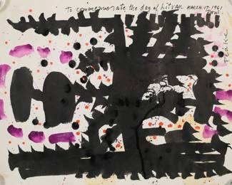 265	Channing Peake Mixed Media Day of Litvak	"Channing Peake (American, 1910-1989). Mixed media gouache on paper, Day of Litvak. Abstract, with inscription ""to commemorate the day of Litvak, March 17, 1961 Paris"". Signed upper right and signed and titled in pencil on verso. 18 5/8"" x  24 1/2"". Unframed, stored rolled. Minor tears and creases along edges, discoloration to verso.

From the estate of Maurice Binder. Born in 1918, Maurice Binder was an American film title designer, best known for his work on 14 James Bond films, including Dr. No. He died in 1991 at the age of 72."
