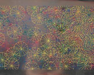 261	Bernard Cohen Screenprint Silver	"Bernard Cohen (British, 1933-). Silkscreen, Silver. Hand signed and dated 1964 lower right and numbered 41/45 lower left. 23"" x 36"". Unframed. Creases and scratches throughout margins and to edges, corners all bent, creased and torn, 2 curved creases through left side of image and vertical crease through top of image upper left, scratches to left side of image.

From the estate of Maurice Binder. Born in 1918, Maurice Binder was an American film title designer, best known for his work on 14 James Bond films, including Dr. No. He died in 1991 at the age of 72."
