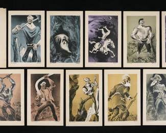 66	William Gropper American Folklore Portfolio	William Gropper (American, 1897-1977). Portfolio, American Folklore: Lithographs by Gropper. Complete set of 10 lithographs: Paul Bunyan, Rip van Winkle, The Headless Horseman, Davy Crockett, Mike Fink, Johnny Appleseed, John Brown, Finn Mac Cool, John Henry, Joe Magarac. In a paper folio. All signed and titled in the plate in the lower margin. Each sheet 17" x 11". Slight toning to sheets; toning, staining and discoloration to paper folio, tears and creases to corners and at seams.
