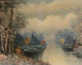 22	R. Thomas Oil on Canvas River Landscape	Oil on canvas, river landscape. Signed lower left R. Thomas. 23 1/2" x 47 1/2" (with frame 28" 1/2" x 52 1/2").
