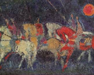 17	After Nissan Engel Print on Canvas Lancers	After Nissan Engel (Israel, 1931-2016).Textured print on canvas, Lancers. Spuriously signed lower left Malcolm Morley. 30" x 19 1/8" (with frame 28" x 38 3/4"). Paint loss and chip center right.
