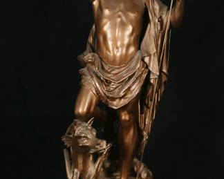 439	After Gustave Trouillard Patinated Metal Neptune	After Gustave Trouillard (France, 19th century). Gilt patinated metal sculpture, Neptune. Signed on the base. 30 1/2"H.
