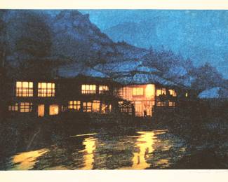 270	After Hiroshi Yoshida Print Hot Spring	After Hiroshi Yoshida (Japan, 1876-1950). Print, after Yoshida's Evening in a Hot Spring. Pencil signed lower right. Unframed. Image 8 1/8" x 12 5/8", sheet 10 7/8" x 17". Scratch lower left and upper right, some discoloration in margins, creasing at corners.
