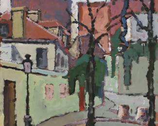 195	Attributed to Marko Stupar Oil on Paper Village	Attributed to Marko Stupar (Yugoslavian, 1936-). Oil on paper, village scene. Signed lower left, Marko. Unframed. Image 16 5/8" x 14 5/8" (sheet 25 5/8" x 19 5/8"). Toning and discoloration to margins, tape residue along edges, small tear along right edge.
