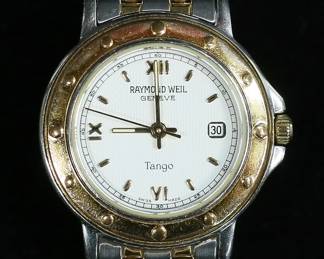 249	Raymond Weil Ladies Tango Two Tone Watch	Raymond Weil Tango two stainless steel ladies watch. With original boxes and papers. Serial no. 5360 Z318029. 28mm. Not running. Scratches to caseback. Some staining to outer box.
