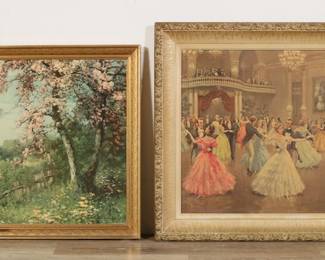 279	2 Prints After Albo & Neogrady	2 prints. After August Albo (Estonia, 1893-1963), print ballroom scene, after Albo's Strauss Waltz, 23 1/4" x 35 1/2" (with frame 30 3/4" x 42 3/4"); After Laszlo Neogrady (Hungary, 1861-1942), print landscape, after Neogrady's Nature's Bloom, signed in the plate lower right, 23 1/2" x 35 1/2" (with frame 27 1/4" x 39 1/4"). Chips to frame on Strauss Waltz.
