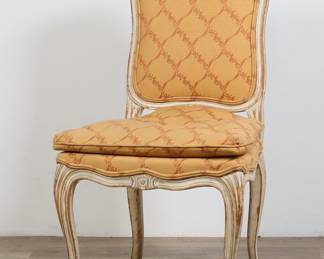42	Louis XV Style Side Chair	"Louis XV style side chair. 20th century. Distressed white paint and orange upholstery with attached seat cushion. Wear and losses to paint of chair. Splitting to joinery on left font leg and back to seat. Wear throughout upholstery. 

20"" W x 19"" D x 37 1/2"" H. Seat height 19 1/2"". 17 lbs."
