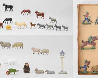 376	Lot of Lead Figures Including Britains, German	Lot of lead figures. Collection of animal figures, mostly English, including Britains; set of Wy-Wi German military and native American figures, in partial original box. Camel 2 3/8"H, largest pig 2 1/2"L. All with some wear and paint loss, box missing lid and with wear and tears.
