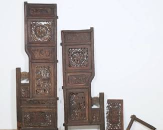 175	Carved Chinese Architectural Elements	Two carved wood Chinese architectural elements. With carved figures and flowers. 53 3/4"H x 17 3/8"W and 44"H x 17 3/8"W, with two additional detached pieces. All as is, with splits, cracks, chips and losses to wood throughout.
