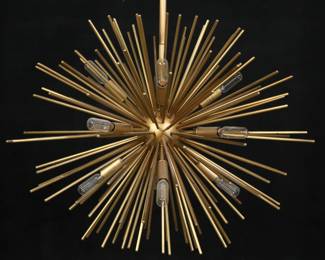 154	Restoration Hardware Sputnik Chandelier	Restoration Hardware modern Sputnik star burst hanging light fixture. Brass tone finish, 24 lights. 45"L including cap, 26"-diameter. Lighting untested.
