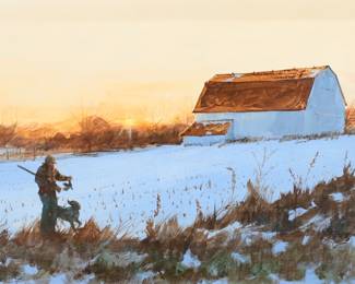 198	Ron Raymer Acrylic on Masonite Sunset Hunt Scene	Ron Raymer (American, 1943-2018). Acrylic on Masonite, sunset hunt scene. Signed and dated Raymer '75 lower right. With artist's card on verso. 14 1/2" x 29 1/2" (with frame 19 3/8" x 34 1/2").
