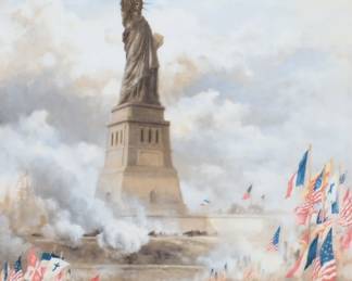318	After Edward Moran B&G Plaque Statue of Liberty	After Edward Moran (American, 1829-1901). Bing & Grondahl printed porcelain plaque, The Unveiling of the Statue of Liberty Enlightening the World, after a painting by Moran. Numbered 770/2500 on verso. Signed and dated in the print, Edward Moran 1886. Plaque 11 3/4" x 8 3/8" (with frame 15 1/4" x 11 3/4"). Scratches to frame, tears and losses to text on verso.
