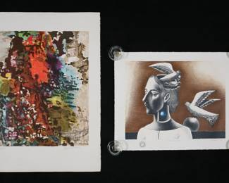 272	2 Prints Wisches Lithograph & Damiani Etching	2 prints. Pierre Andre de Wisches lithograph, Composition Abstracte II, pencil signed lower right and numbered 117/195 in pencil lower left, unframed, sheet 29 7/8" x 22"; etching, Cabeza - Nido, signed Damiani, dated 77, titled and numbered A/P IV in pencil in the lower margin, with Grabado por Cardillo seal lower left, unframed, sheet 18 3/8" x 23 5/8". Wisches creases and minor discoloration in the margins, small tears along edges; Damiani stored rolled with creases throughout, foxing and tape residue in the margins.
