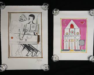 268	Franco Gentilini 2 Lithographs	"Franco Gentilini (Italy, 1909-1981). 2 lithographs. Cathedral, pencil signed lower right and numbered 5/125 in pencil lower left, 20 3/8"" x 16 1/2""; couple dining, pencil signed lower right and numbered 131/200 in pencil lower left, 26 1/4"" x 19"". Both unframed. Both stored rolled, Cathedral creases throughout margins and to right side of image; Couple stain below signature, creases throughout margins.

From the estate of Maurice Binder. Born in 1918, Maurice Binder was an American film title designer, best known for his work on 14 James Bond films, including Dr. No. He died in 1991 at the age of 72."

