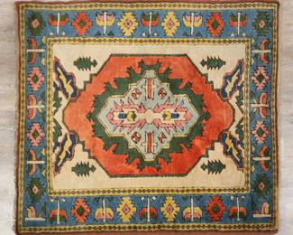 406	Turkish Style Rug	"Turkish style rug. Large medallion against polychromatic field. Pilling and wear throughout. Losses and wear to fringed edges. 

3' 7 3/4"" x 4'. 8 lbs."
