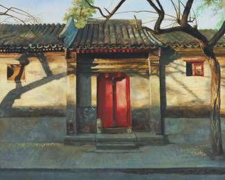 206	Chinese Oil on Canvas Temple Door	Oil on canvas, temple door. Signed in Chinese characters and dated 98 lower left. 28" x 39" (with frame 33" x 43 3/4"). Minor chips to frame.
