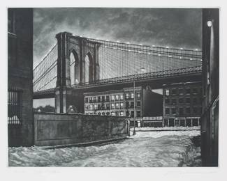 60	Frederick Mershimer Mezzotint Old Fulton	Frederick Mershimer (American, 1958-). Mezzotint, Old Fulton. Pencil signed lower right and numbered 24/100 and titled in pencil lower left. Plate 9" x 12" (with frame 18" x 21 5/8").
