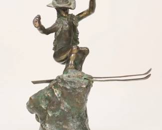 327	Bob Bennett Bronze Billy Kidd	Bob Bennett (American, California, 1928-2003). Patinated bronze sculpture of a skier, Billy Kidd. Signed, numbered 7/76 and titled Olympic on the base. 10 3/8"H. Missing ski poles.
