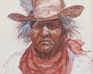199	Ron Raymer Acrylic on Paper Portrait	Ron Raymer (American, 1943-2018). Acrylic on paper, Native American portrait. Signed and dated Raymer 79 lower right. 13 1/2" x 10 1/2" (with frame 19 3/4" x 16 3/4").
