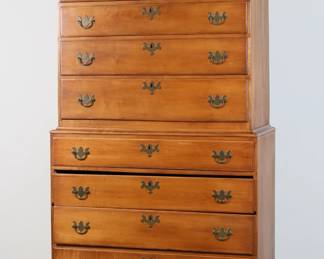 213	Federal Chippendale Chest on Chest	"Federal Chippendale chest on chest. 19th century. Nine drawers, brass hardware, and bracket feet. Wear throughout wood. Scratches, marks and scuffs to wood on left sides. Split and repairs to front feet. Second drawer from top on bottom chest does not sit and close flush due to missing drawer divider.
39 5/8"" W x 21"" D x 72 7/8"" H. 207 lbs."
