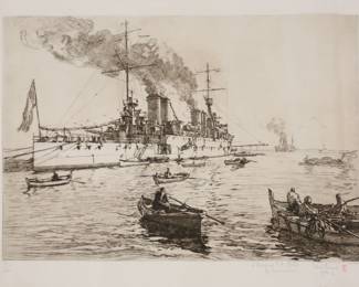 69	Rene Pinard Etching Edgar Quinet	"Rene Pinard (France, 1883-1938). Nautical etching, The Cruiser Edgar Quinet in Algiers. Pencil signed lower right Rene Pinard, with Anchor and artist's red P stamp, and dated 1930, with inscription ""A monsieur PH Mills en hommage"", numbered 78/180 in pencil lower left. Sheet 19 3/4"" x 27"". Unframed. Stored rolled, with vertical creases throughout. Foxing, staining and discoloration throughout margins, some foxing to image; creasing and minor tears to corners and along edges of sheet.

From the estate of Maurice Binder. Born in 1918, Maurice Binder was an American film title designer, best known for his work on 14 James Bond films, including Dr. No. He died in 1991 at the age of 72."
