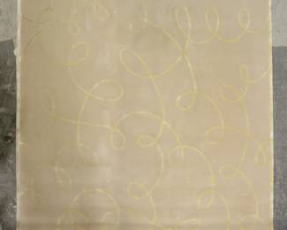 340	Edward Fields Contemporary Rug	"Edward Fields contemporary rug. Gold spirals against beige field. Stamped ""COPYRIGHT EDWARD FIELDS INC"" and dated 3/2003 on back of rug. Serial number ""17775"" on back of rug. Indentations and wear throughout rug. 

10' x 9' 10""."
