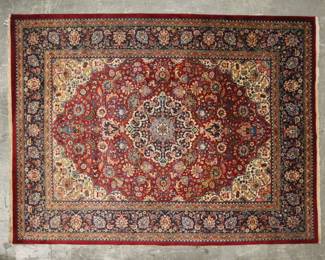 399	Room Size Persian Rug Avakian Brothers	Room size Persian rug,  Avakian Bros. label on one corner. 12' x 9'1". Minor fading, discoloration to fringe, some wear and fraying to edges.
