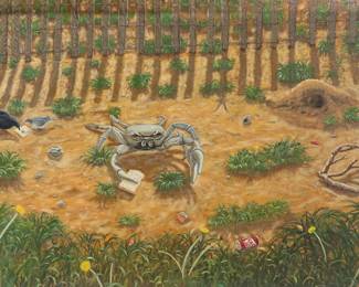 271	Domingo Luyanda Oil on Canvas Crab	Domingo Luyanda (American, Brooklyn, New York, 20th century). Oil on canvas, crab. Signed and dated with artist's monogram and Mingo 80 center right and signed and dated on verso. 17 3/8" x 23 1/2" (with frame 20 1/2" x 26 3/8"). Minor chips to frame.
