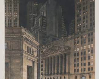 61	Frederick Mershimer Mezzotint NY Stock Exchange	Frederick Mershimer (American, 1958-). Color mezzotint with aquatint, New York Stock Exchange. Pencil signed lower right and numbered 16/100 and titled in pencil lower left. Sight size 19 3/4" x 14 3/4" (with frame 29" x 23 1/2").
