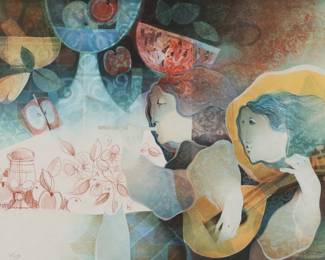 116	Alvar Sunol Embossed Lithograph Two Women	Alvar Sunol Munoz-Ramos (Spain, 1935-). Lithograph with embossing, two women. Signed in the plate lower right and numbered 75/150 in pencil lower left. 22 1/4" x 30" (with frame 31 3/8" x 38 7/8"). Waviness to paper, staining to embossed portion lower left; scratches and losses to gilt decoration on frame.
