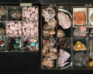 351	Collection Of Minerals Polished And Raw	"Topaz, Mexico. Garnet, California. Pink Tourmaline pebbles. Rubellite in matrix, California. Rhodochrosite, Argentina. Cerrusite with bladed Barite, Morocco. Many other diverse minerals included.

From the Estate of Frank Hall owner of Dover Scientific and collector of rocks, crystals, minerals and fossils."
