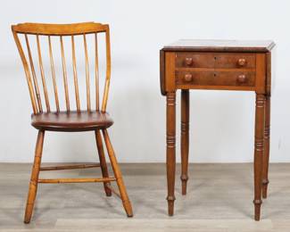 292	American Work Table and Spindleback Chair	"American work table and spindleback chair. 19th century. Work table with two drawers, drop leaves, and Sheraton style legs. Scuffs and small marks to legs and stretcher of chair. Repair and losses to wood on left side of top rail and leftmost spindle. Repairs and glue remnants to joinery of legs and stretcher Losses to veneer on drawer fronts of work table. Top is cracked and split in half. Staining, scratches, marks and wear throughout top and leaves. Nicks to wood on feet. Repairs to wood on right drop leaf.

Table: 18 1/4"" W x 17 1/2"" D x 29 1/4"" H. Chair: 18 1/2"" W x 19"" D x 32 3/8"" H. Seat height 16 1/2"" H. 32 lbs total."
